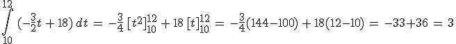 3$\int_{10}^{12}\,(-\frac{3}{2}t\,+\,18)\,dt\,=\,-\frac{3}{4}\,[t^2]_{10}^{12}\,+\,18\,[t]_{10}^{12}\,=\,-\frac{3}{4}(144-100)\,+\,18(12-10)\,=\,-33+36\,=\,3